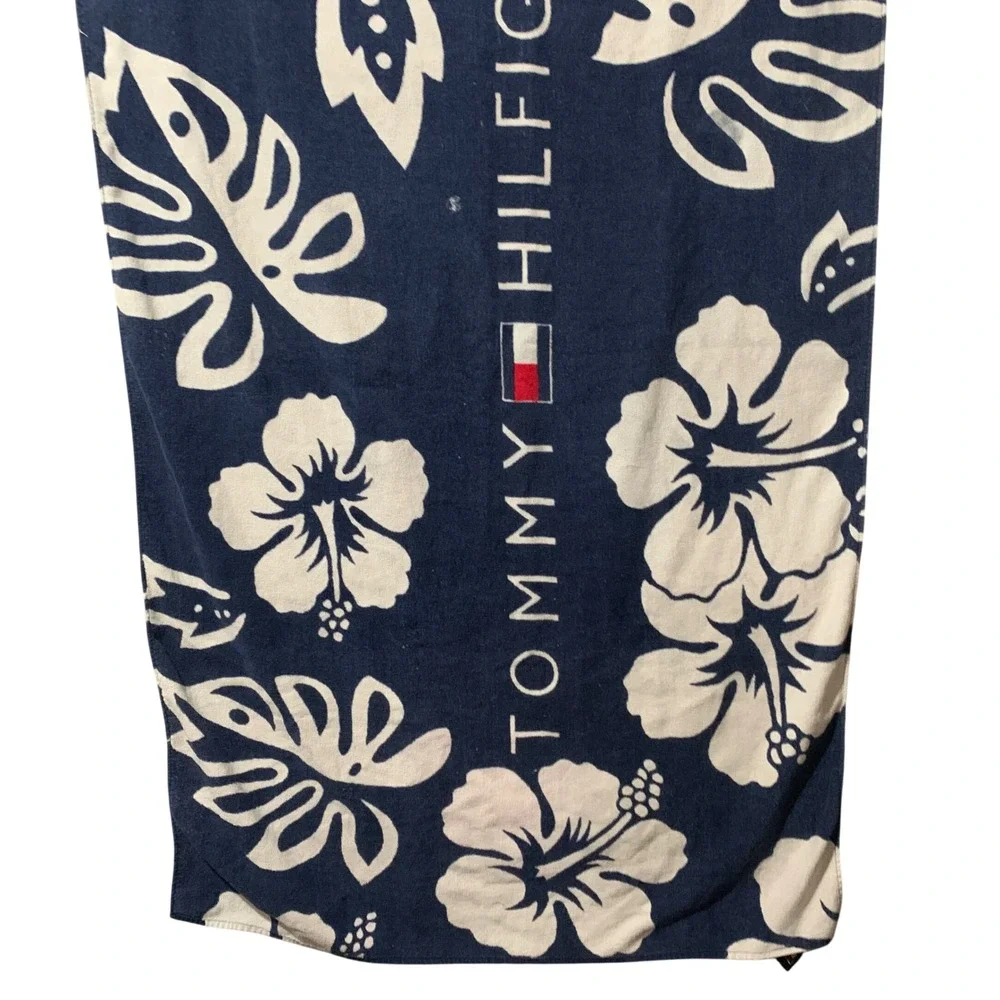 Tommy Hilfiger Beach Towel Navy White Floral Hibiscus Cotton 34x60 Logo Flaw